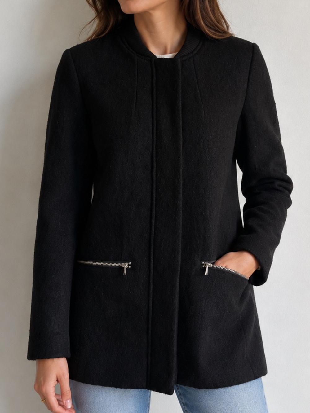 H&M Black Wool Blend Zip Pocket Coat Jacket Women’s Size 6 (EUR 36)